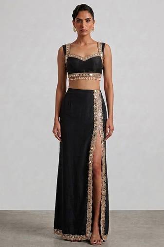 Black embroidered dupion silk co ord set