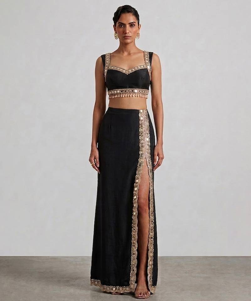 Black laced embroidered dupion silk co ord set