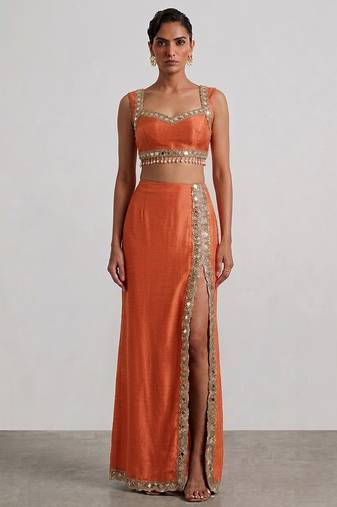 Rust orange embroidered dupion silk co ord set