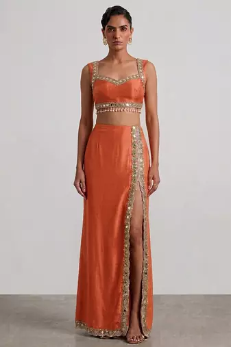 Rust orange laced embroidered dupion silk co ord set