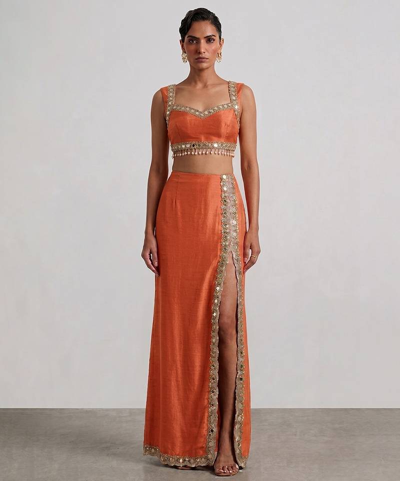 Rust orange laced embroidered dupion silk co ord set
