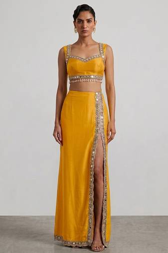 Mustard yellow embroidered dupion silk co ord set