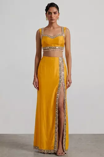 Mustard yellow laced embroidered dupion silk co ord set