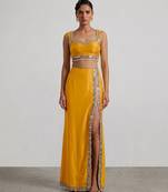 Mustard yellow laced embroidered dupion silk co ord set
