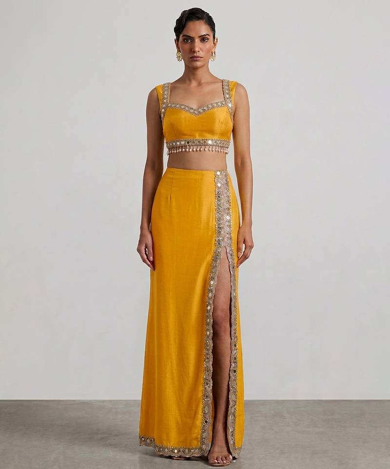 Mustard yellow laced embroidered dupion silk co ord set
