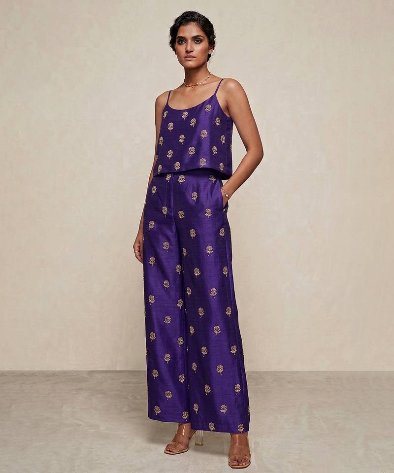 Royal purple embroidered dupion silk co ord set