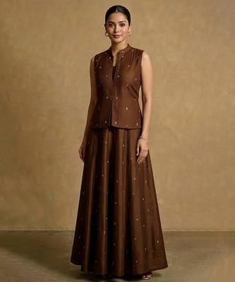 Chocolate brown embroidered dupion silk co ord set 1
