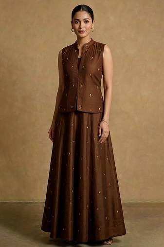 Chocolate brown embroidered dupion silk co ord set
