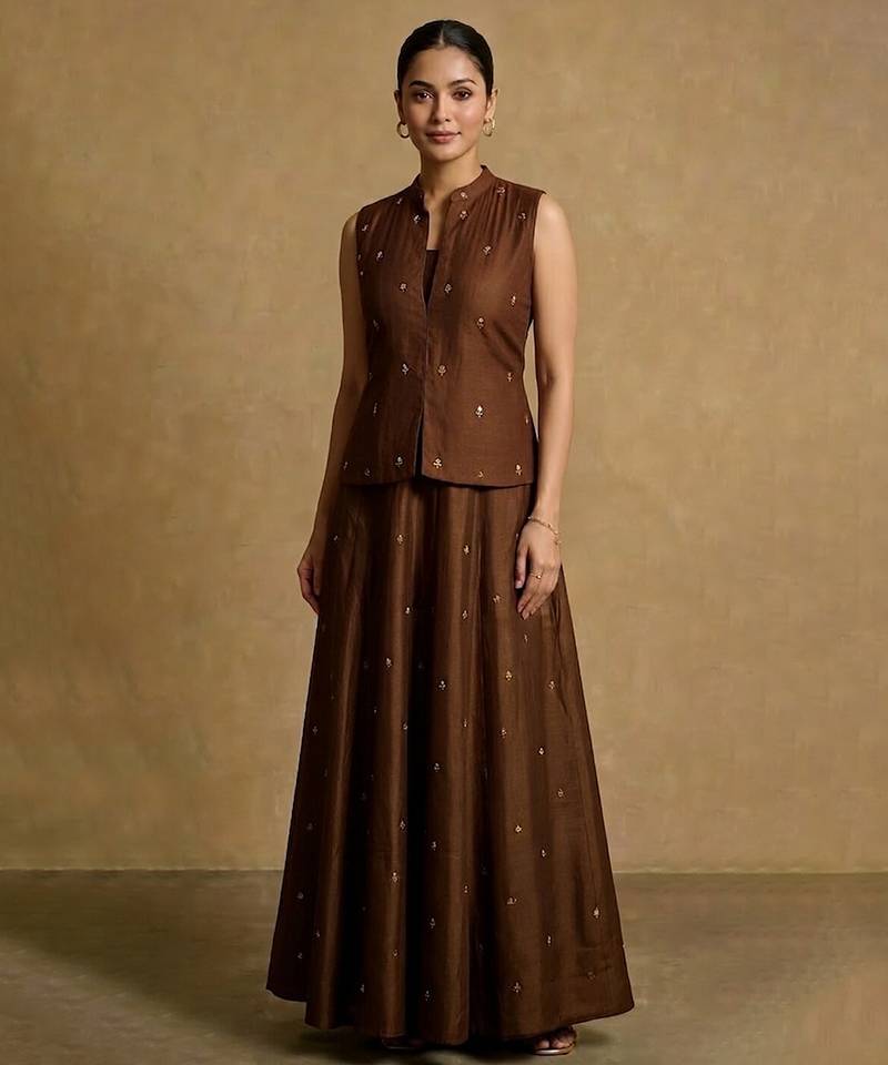 Chocolate brown embroidered dupion silk co ord set