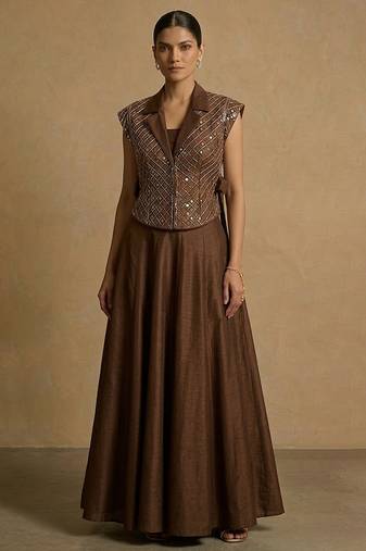 Chocolate brown embroidered dupion silk co ord set