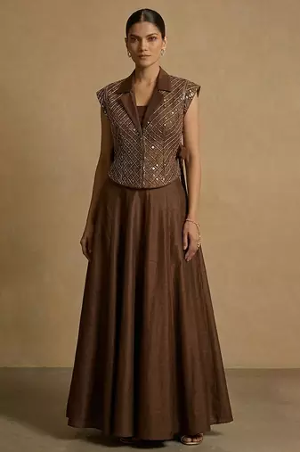 Chocolate brown embroidered dupion silk co ord set
