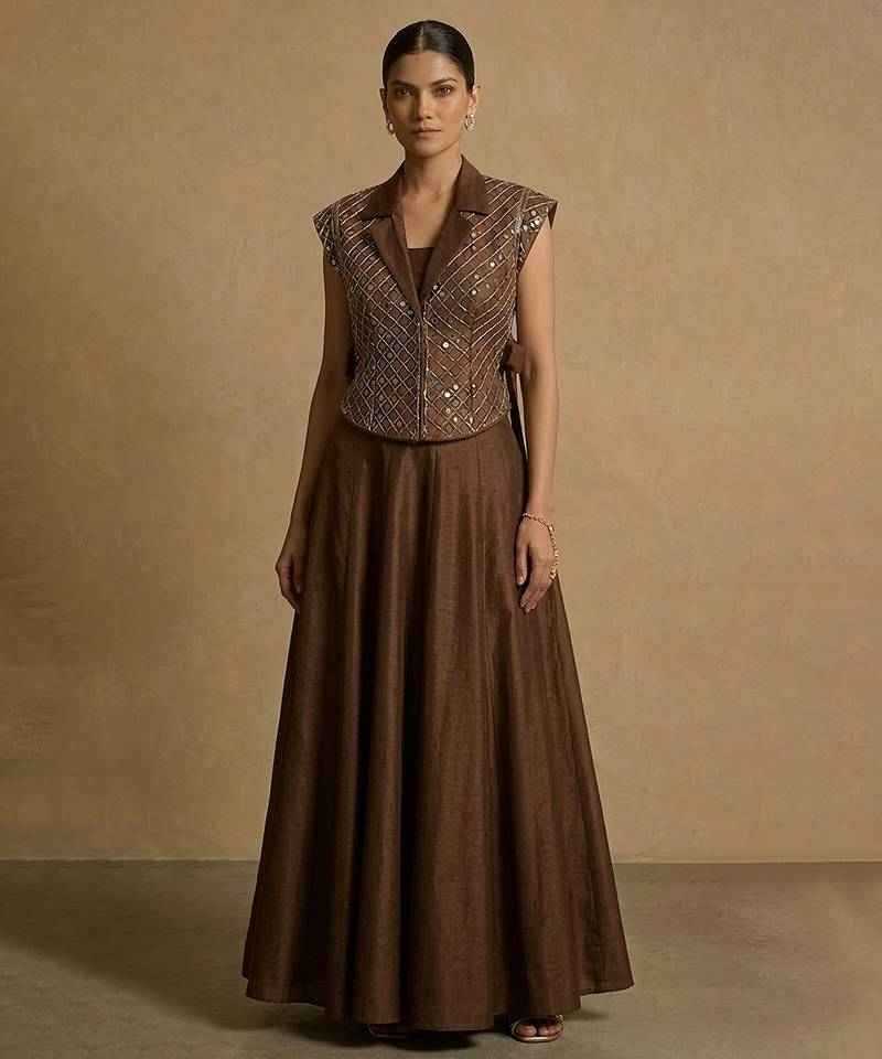 Chocolate brown embroidered dupion silk co ord set