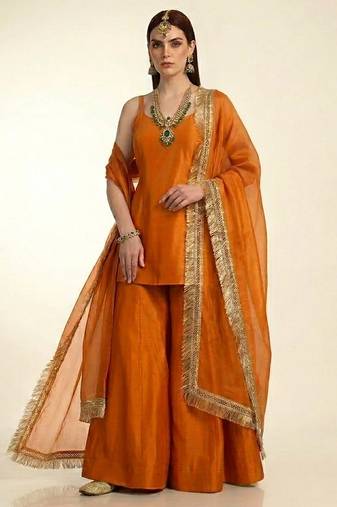 Saffron orange embroidered dupion silk kurta set