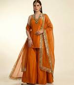 Saffron orange embroidered dupion silk kurta set
