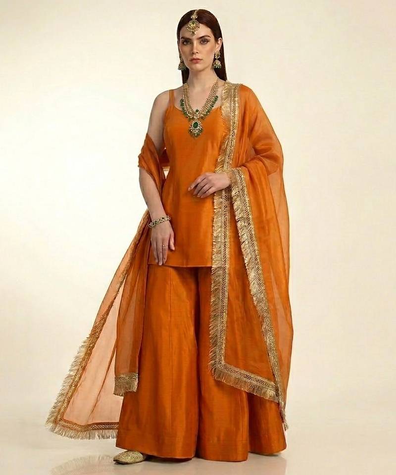 Saffron orange embroidered dupion silk kurta set