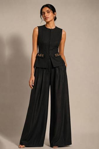 Black embroidered dupion silk co ord set