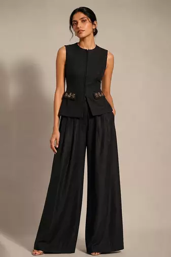 Black embroidered dupion silk co ord set