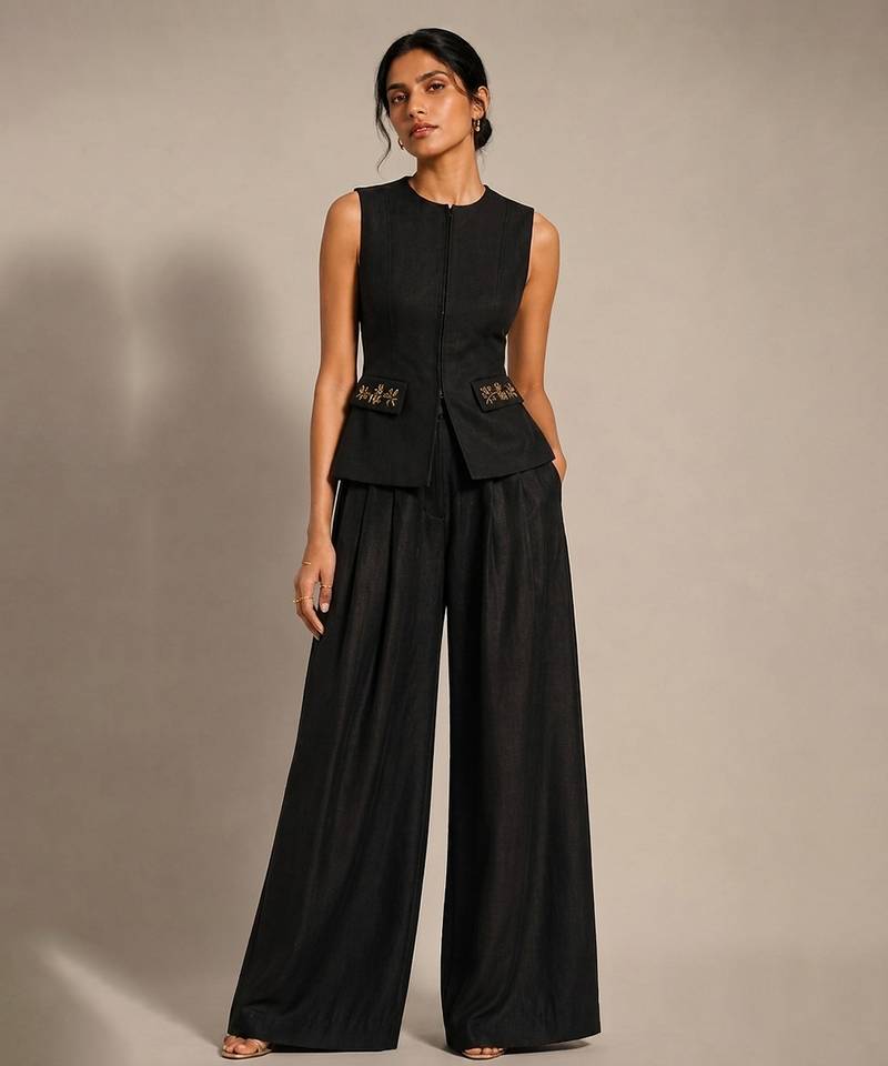 Black embroidered dupion silk co ord set