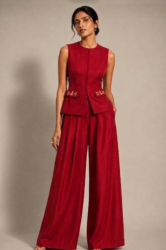Crimson red embroidered dupion silk co ord set