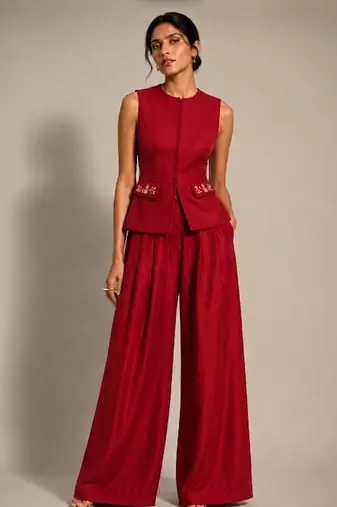 Crimson red embroidered dupion silk co ord set