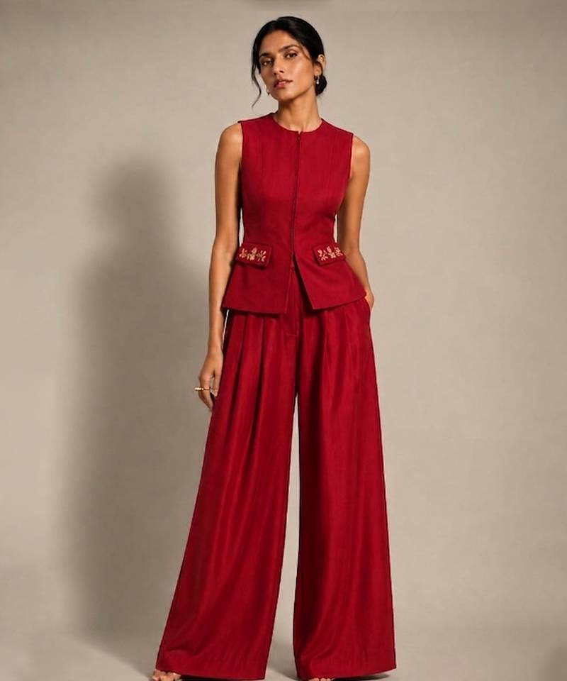 Crimson red embroidered dupion silk co ord set