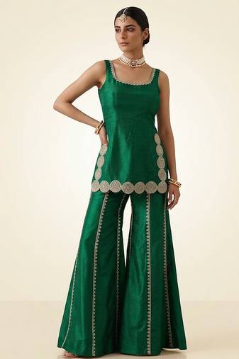 Emerald green embroidered dupion silk sharara set