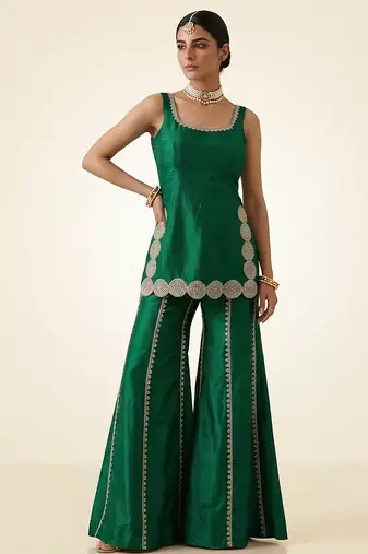 Emerald green embroidered dupion silk sharara set