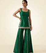 Emerald green embroidered dupion silk sharara set