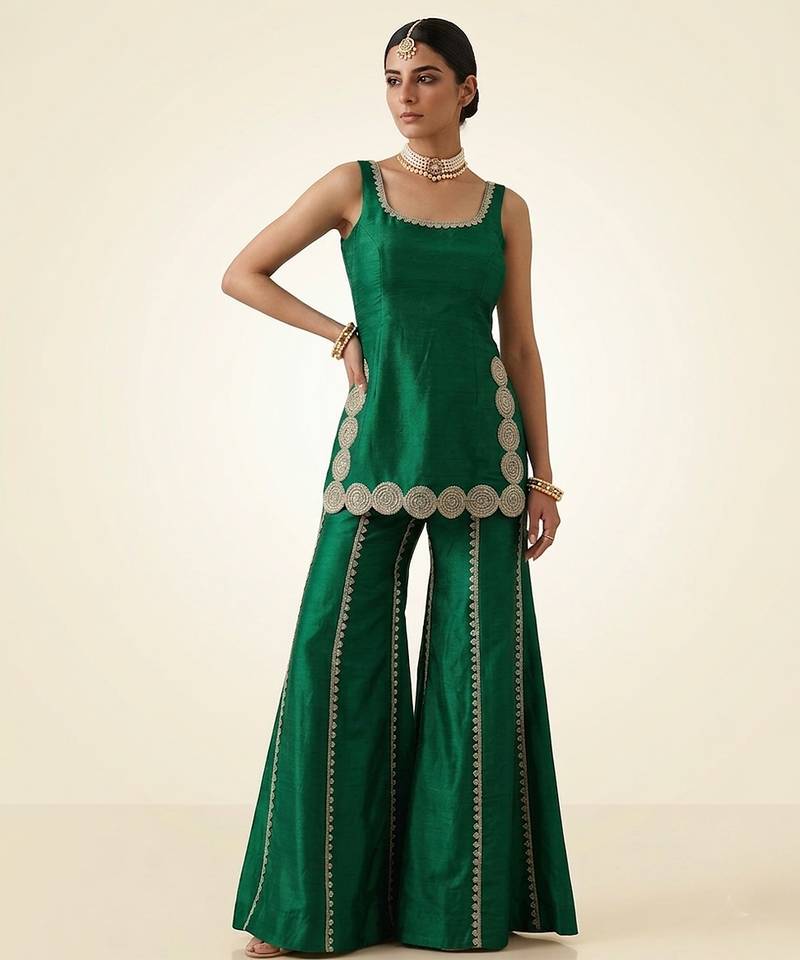 Emerald green embroidered dupion silk sharara set