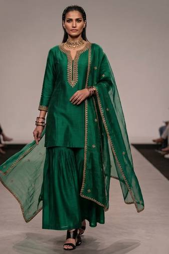 Emerald green embroidered raw silk sharara set