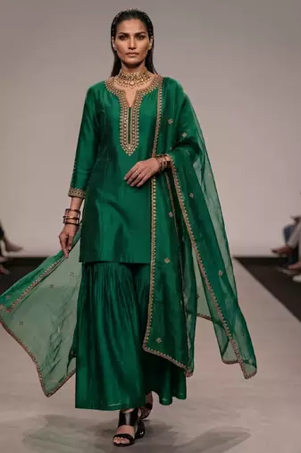 Emerald green embroidered raw silk sharara set