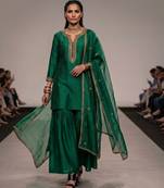Emerald green embroidered raw silk sharara set