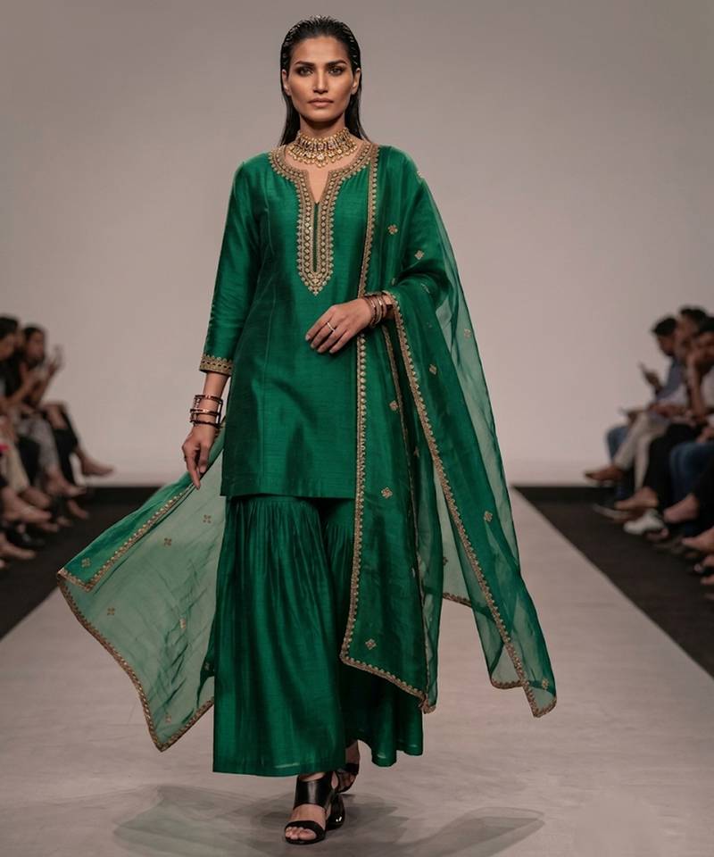 Emerald green embroidered raw silk sharara set