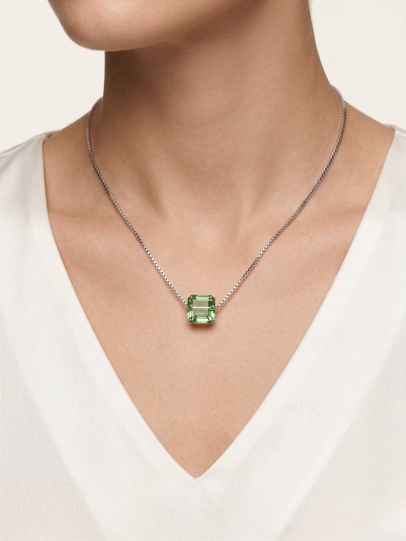 925 Sterling Silver Green Emerald Cut Solitaire  Pendant Necklace Set , Minimalist Gemstone Pendant Set 