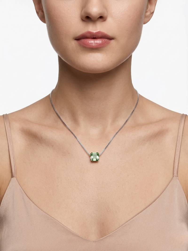 925 Sterling Silver Green Emerald Cut Solitaire  Pendant Necklace Set , Minimalist Gemstone Pendant Set 