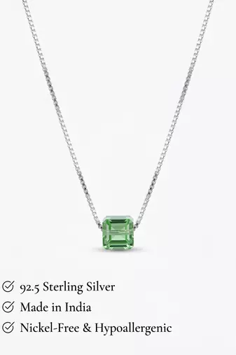 925 Sterling Silver Green Emerald Cut Solitaire  Pendant Necklace Set , Minimalist Gemstone Pendant Set 