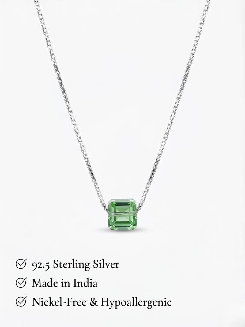 925 Sterling Silver Green Emerald Cut Solitaire  Pendant Necklace Set , Minimalist Gemstone Pendant Set 