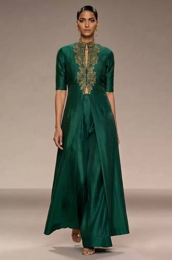 Emerald green embroidered silk co ord set