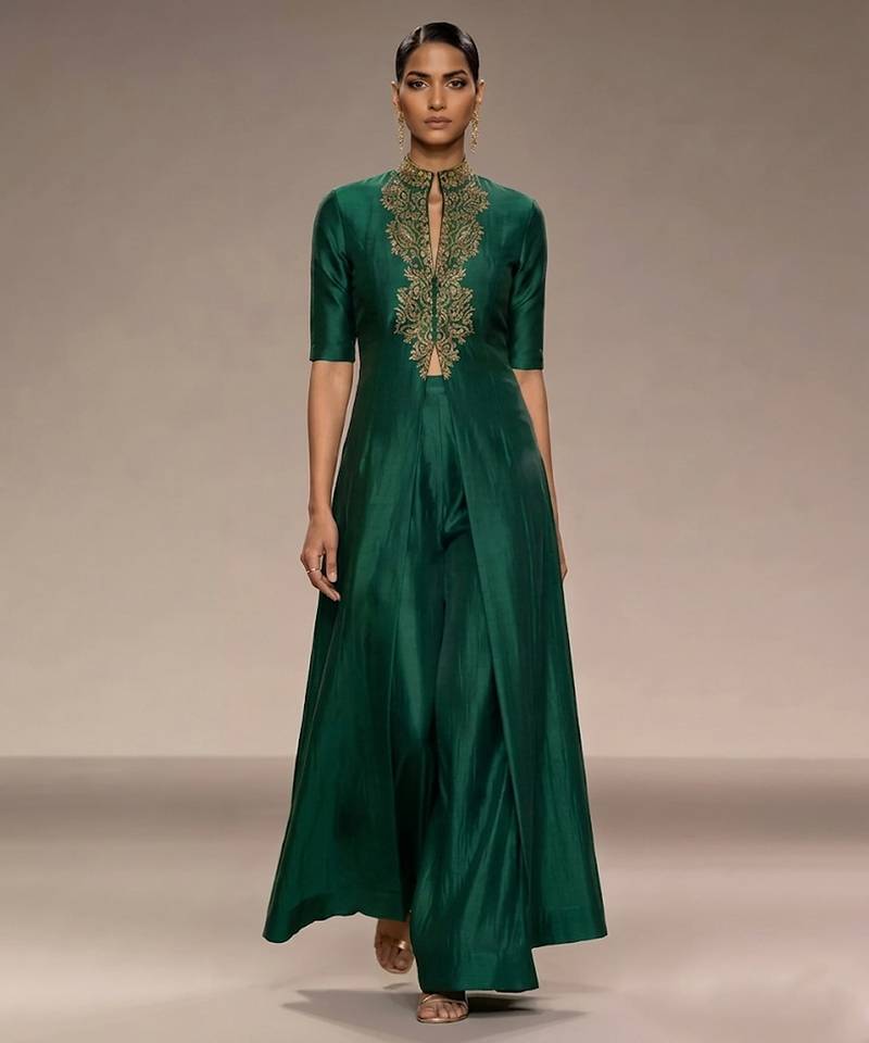 Emerald green embroidered silk co ord set