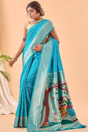 blue weaving saree with silk blend pallu