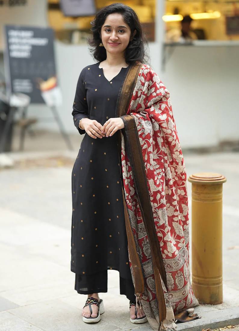 women's art silk woven butta motiff kurta pant with dupatta set