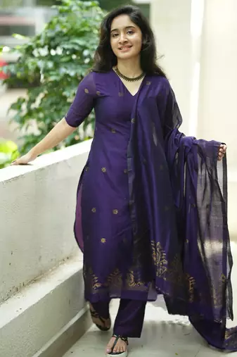 women's art silk woven butta motiff kurta pant with dupatta set