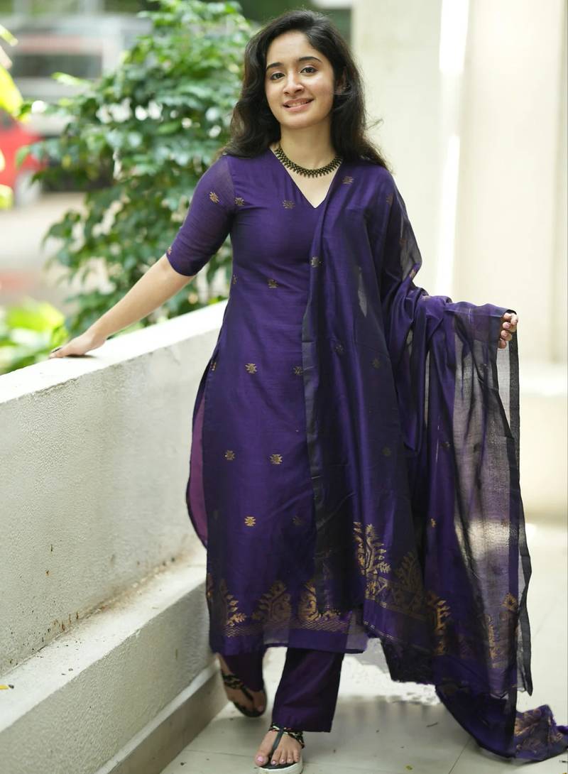 women's art silk woven butta motiff kurta pant with dupatta set