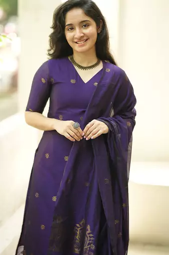 women's art silk woven butta motiff kurta pant with dupatta set