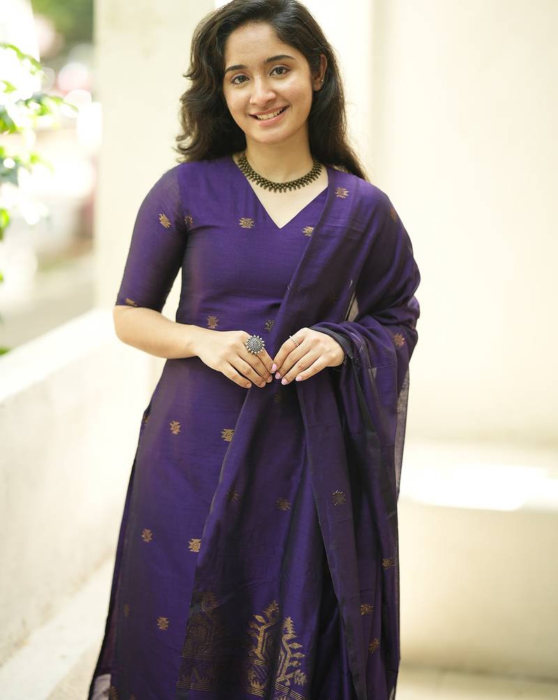 women's art silk woven butta motiff kurta pant with dupatta set