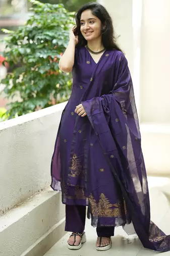 women's art silk woven butta motiff kurta pant with dupatta set
