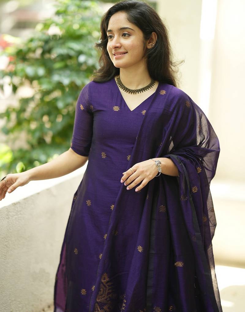 women's art silk woven butta motiff kurta pant with dupatta set