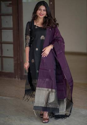 women's art silk woven butta motiff kurta pant with dupatta set 1