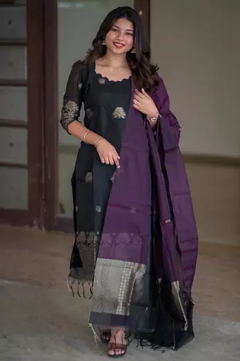 women's art silk woven butta motiff kurta pant with dupatta set
