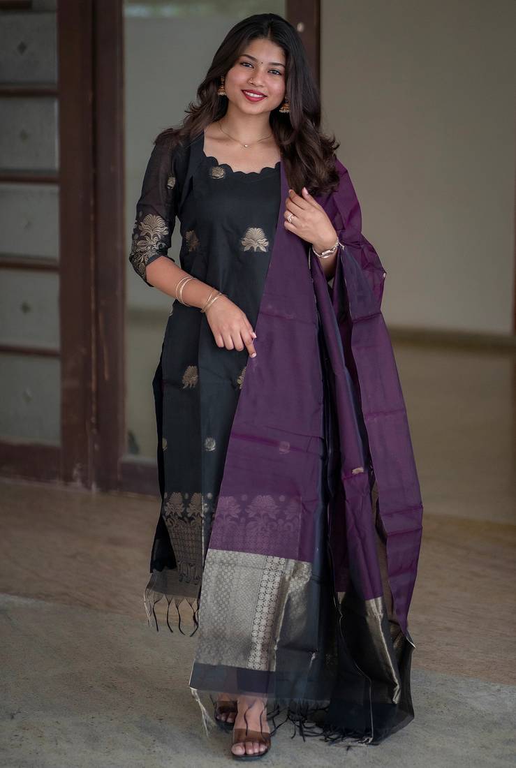 women's art silk woven butta motiff kurta pant with dupatta set